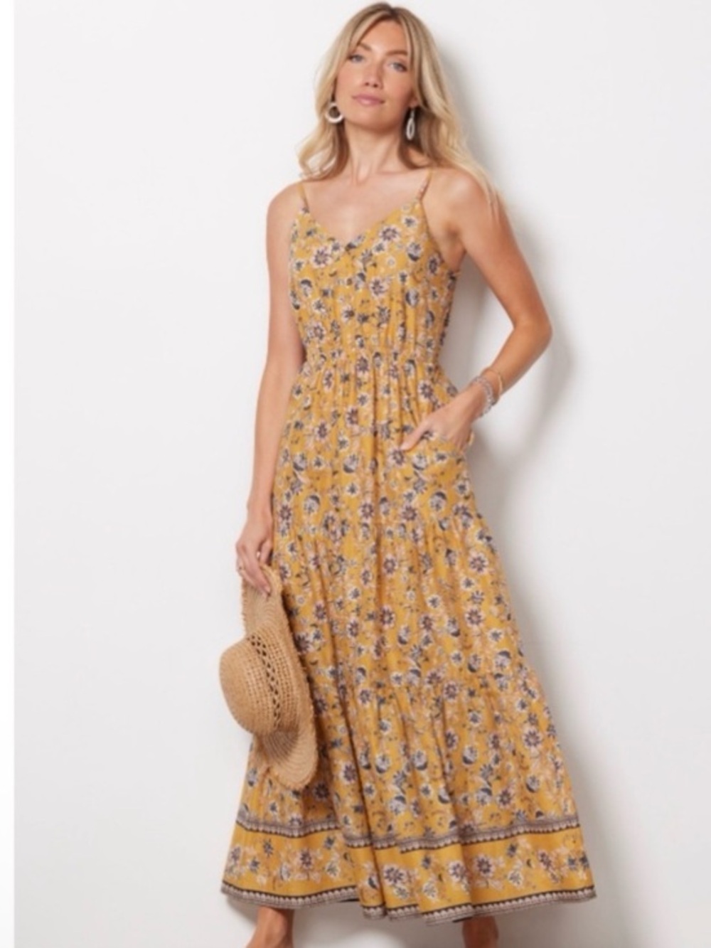 Evereve Yellow Floral V Neck Spaghetti Strap Collette Dress L 100% Cotton